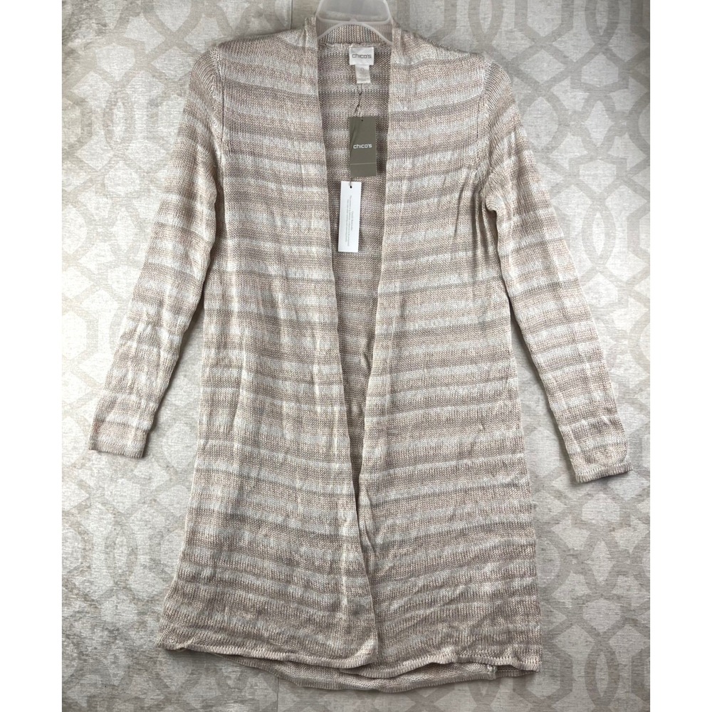 Chico's Kennedy Cardigan Women 0 Small Blush Metallic Stripe Longline Duster NWT